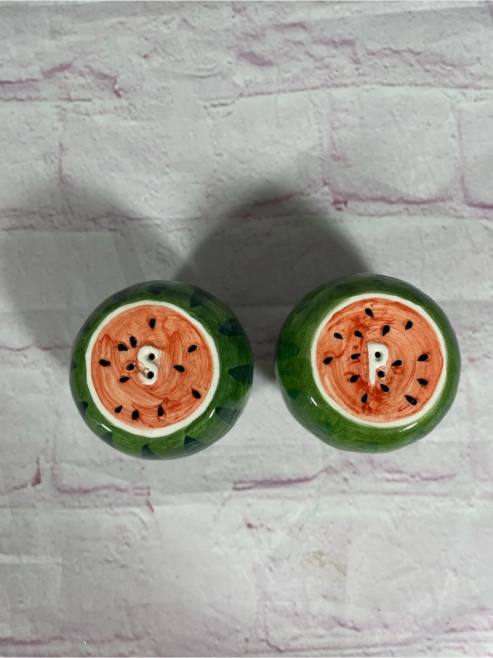Vintage Hand Painted Ceramic Watermelon Salt and Pepper Shaker Set With Stoppers
